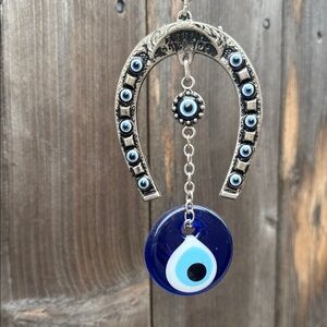 Silver Horseshoe with Glass Blue Evil Eye Charm Decor